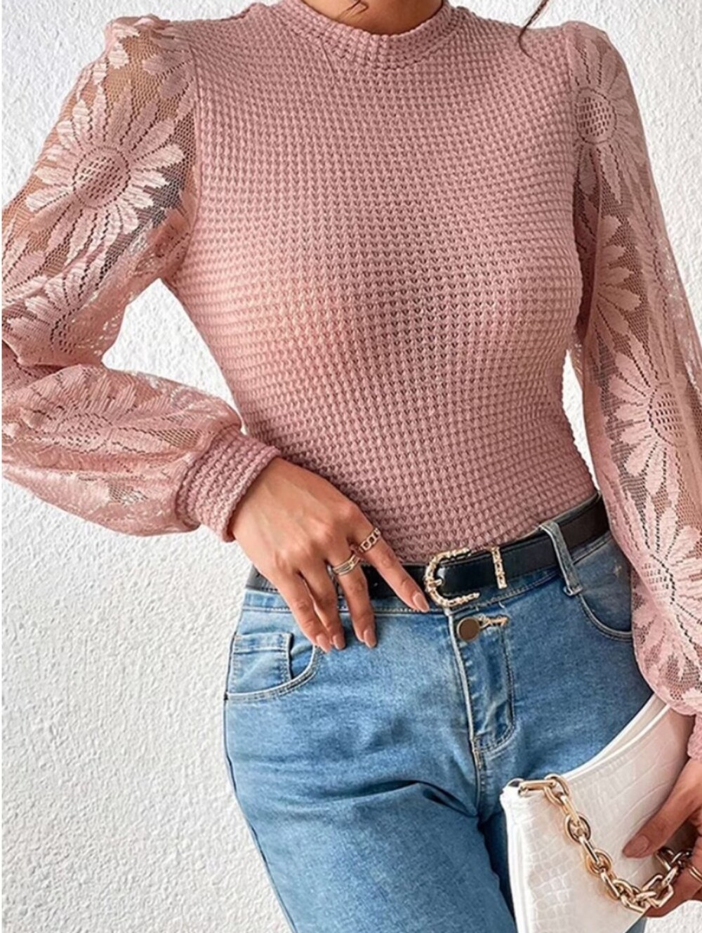 Cato Rose Pink Lace Balloon Sleeve Knit Top